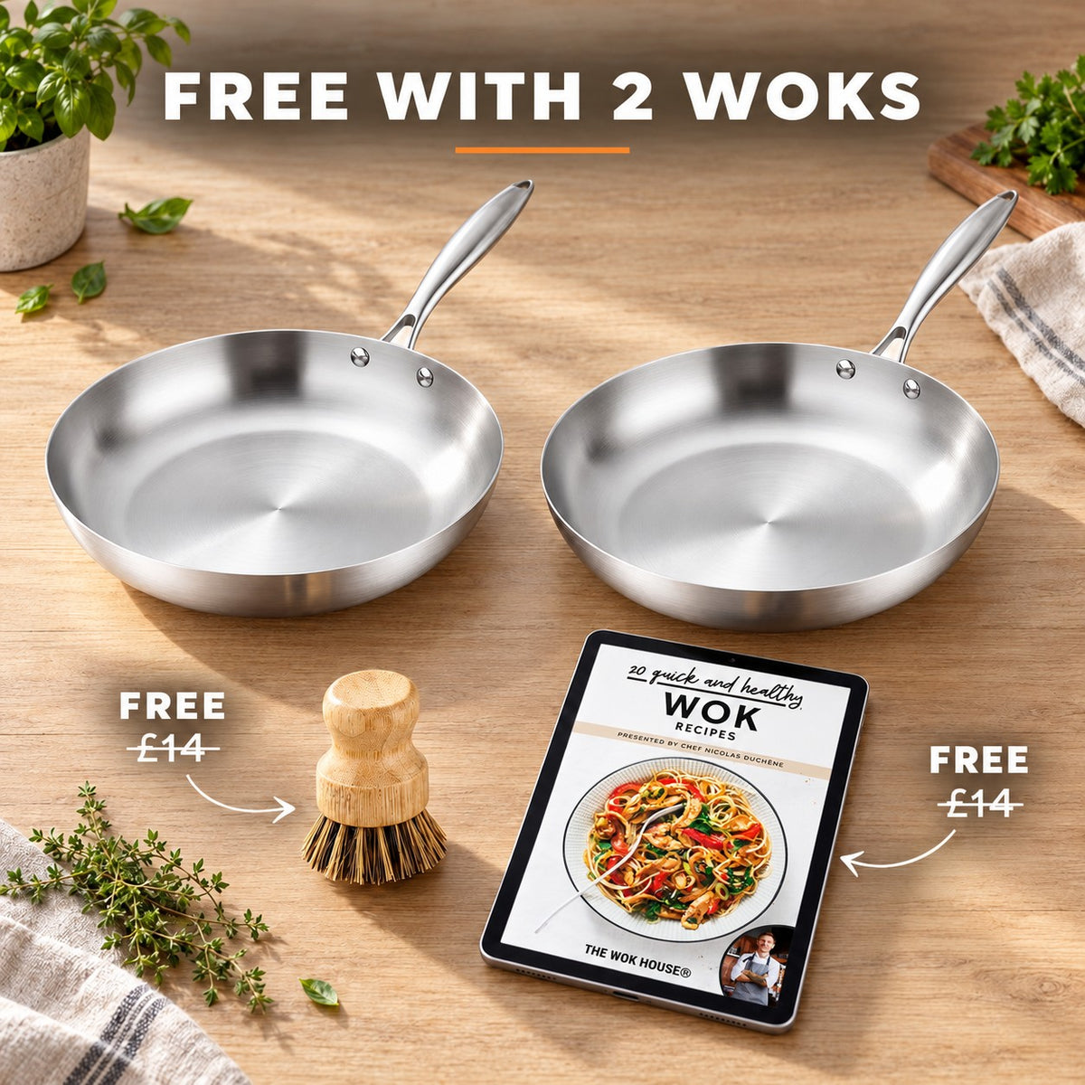 The Shari Induction Wok, FREE WITH 2 WOKS: bamboo brush (£14), recipe book (£14)