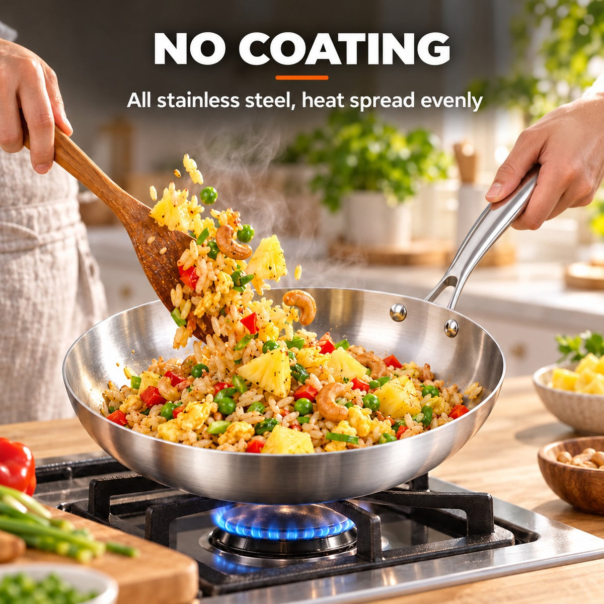 The Shari Induction Wok, NO COATING: All stainless steel, heat spread evenly