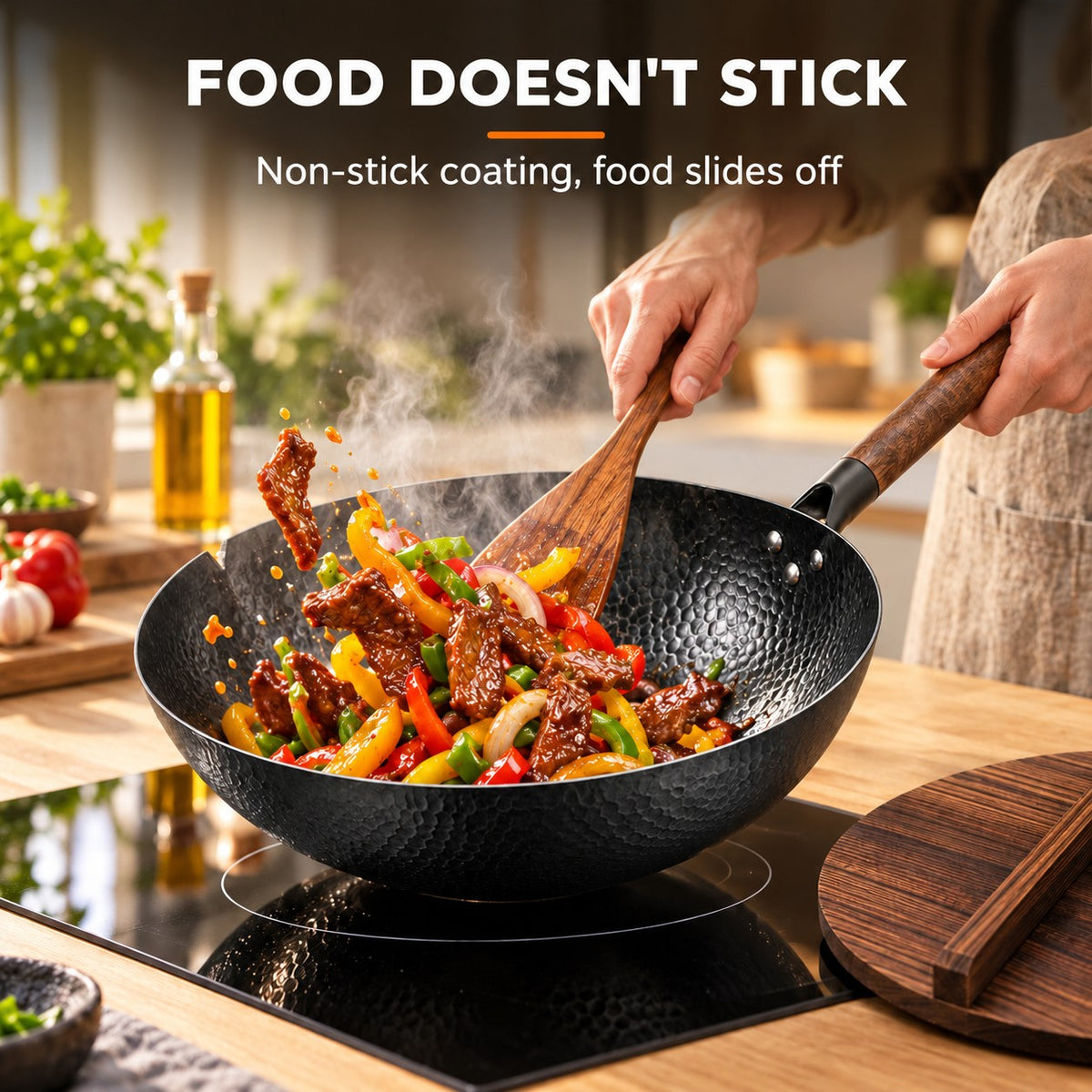 The Miguri Induction Wok, FOOD DOESN'T STICK: Non-stick coating, food slides off
