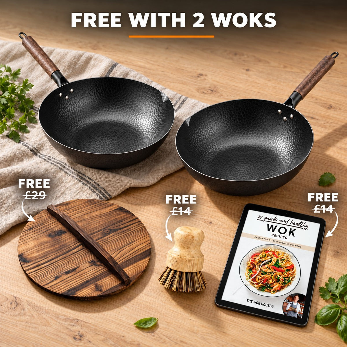 The Miguri Induction Wok, FREE WITH 2 WOKS: wooden lid (£29), bamboo brush (£14), recipe book (£14)