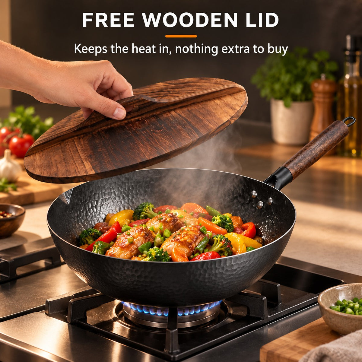 The Miguri Induction Wok, FREE WOODEN LID: Keeps the heat in, nothing extra to buy