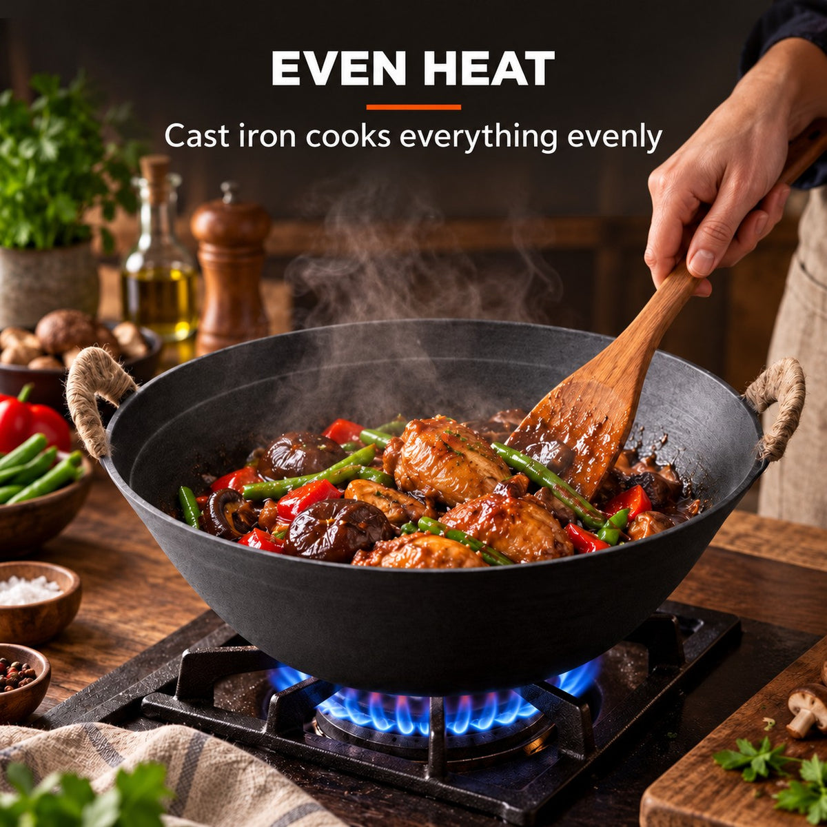 The Ontake Cast Iron Wok, EVEN HEAT: Cast iron cooks everything evenly