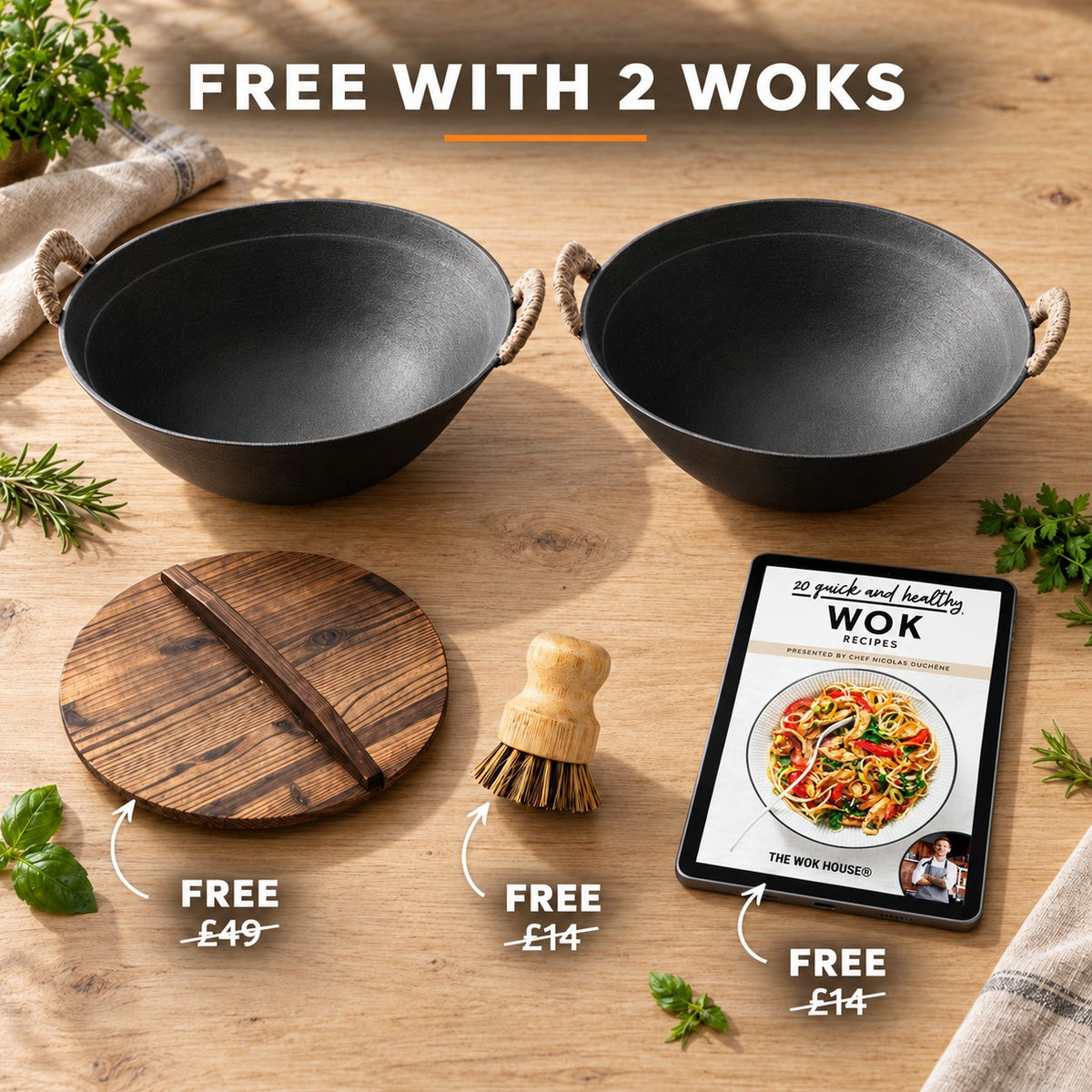 The Ontake Cast Iron Wok, FREE WITH 2 WOKS: wooden lid (£49), bamboo brush (£14), recipe book (£14)