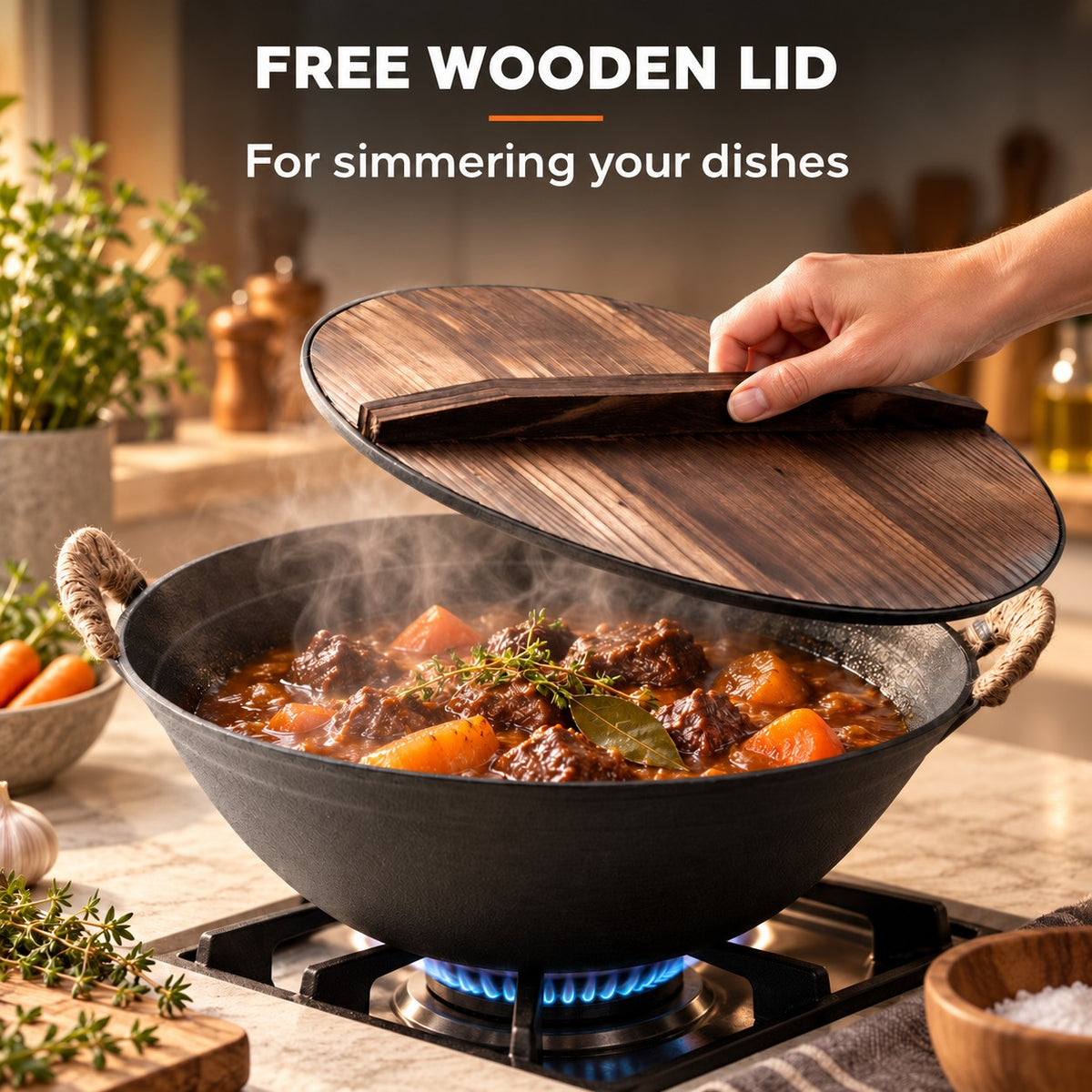 The Ontake Cast Iron Wok, FREE WOODEN LID: For simmering your dishes