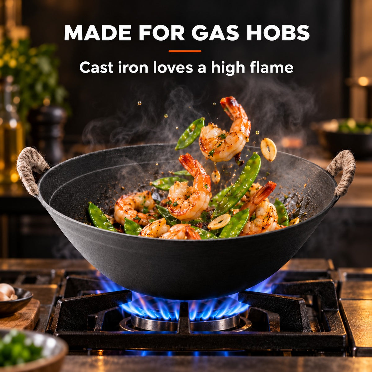 The Ontake Cast Iron Wok, MADE FOR GAS HOBS: Cast iron loves a high flame
