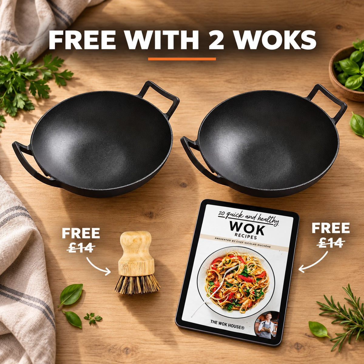 The Fulan Cast Iron Wok, FREE WITH 2 WOKS: bamboo brush (£14), recipe book (£14)