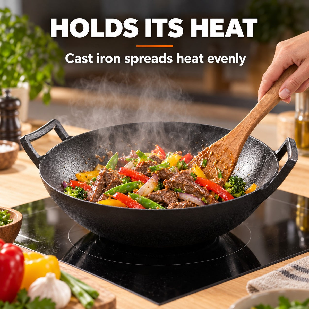The Fulan Cast Iron Wok, HOLDS ITS HEAT: Cast iron spreads heat evenly
