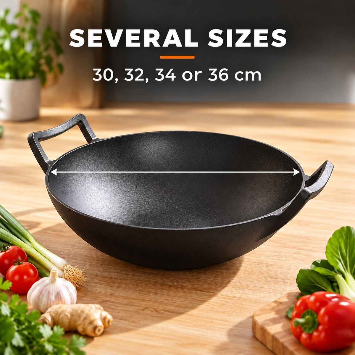 The Fulan Cast Iron Wok, SEVERAL SIZES: 30, 32, 34 or 36 cm