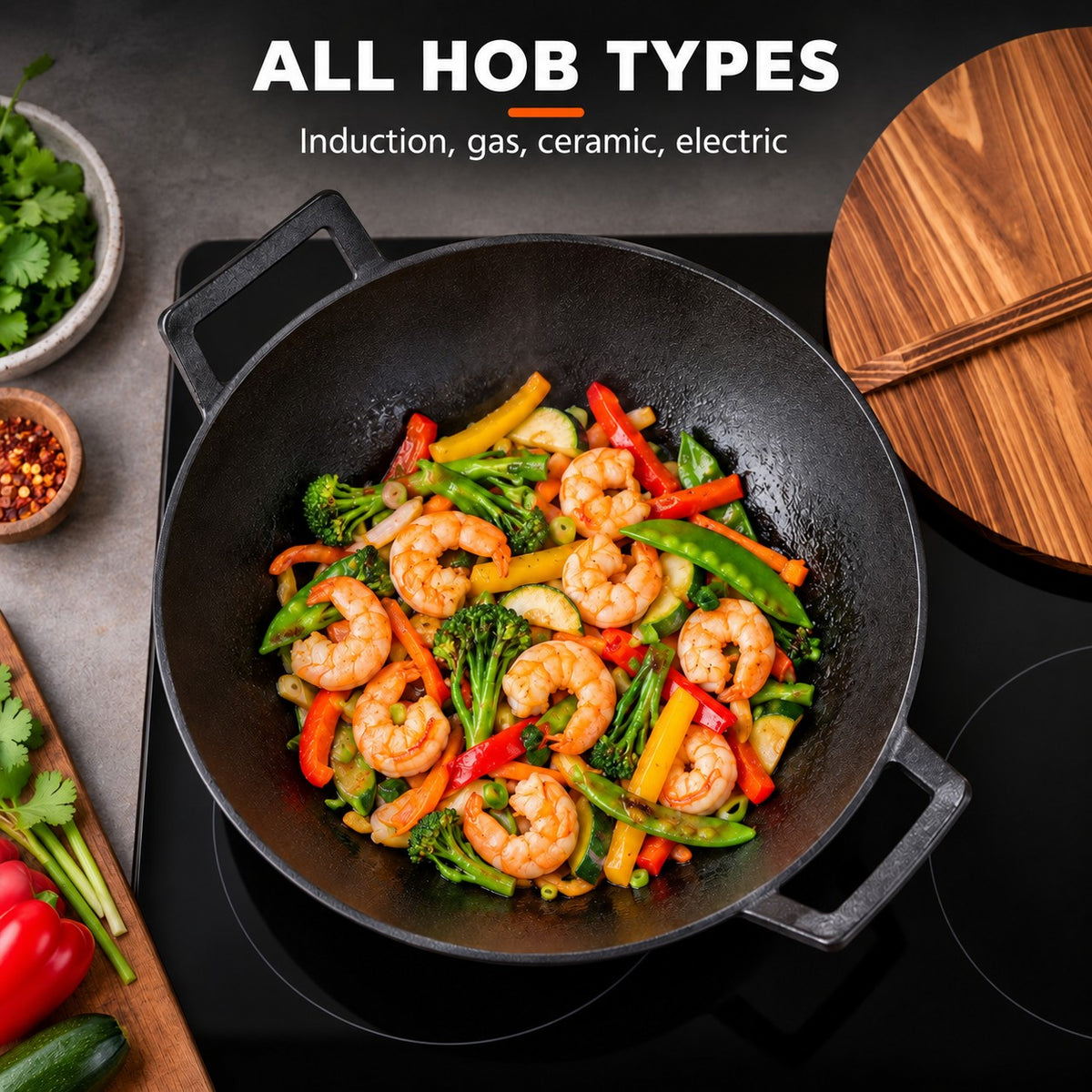 The Tekari Cast Iron Wok, ALL HOB TYPES: Induction, gas, ceramic, electric