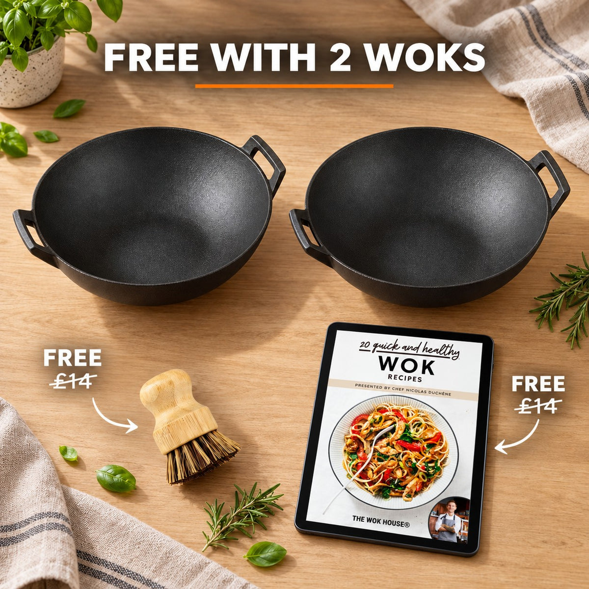 The Tekari Cast Iron Wok, FREE WITH 2 WOKS: bamboo brush (£14), recipe book (£14)
