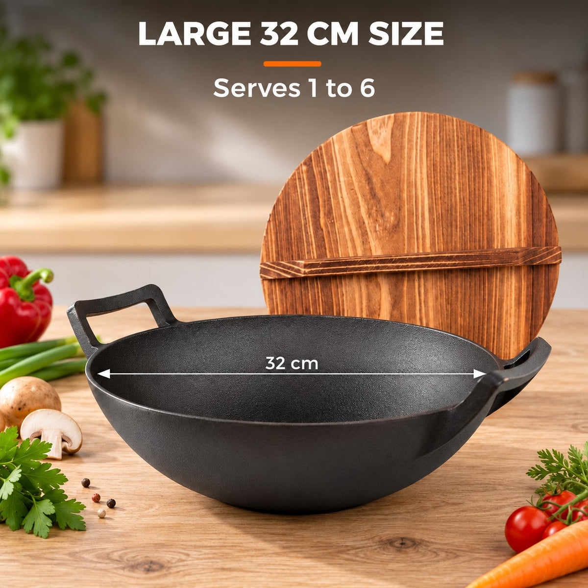 The Tekari Cast Iron Wok, LARGE 32 CM SIZE: Serves 1 to 6