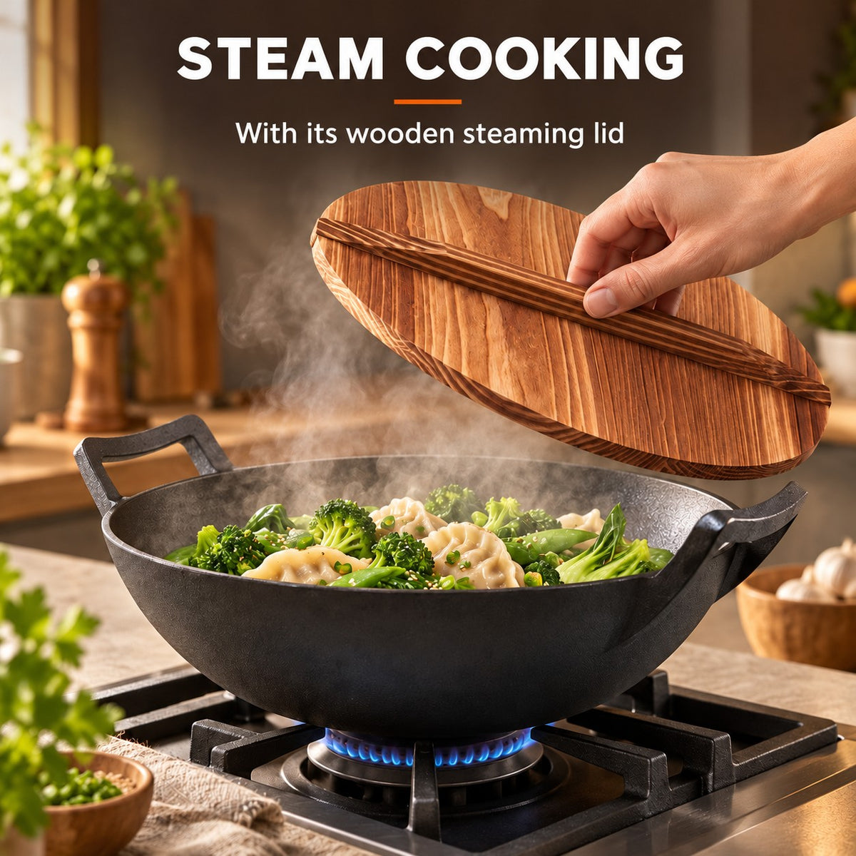 The Tekari Cast Iron Wok, STEAM COOKING: With its wooden steaming lid