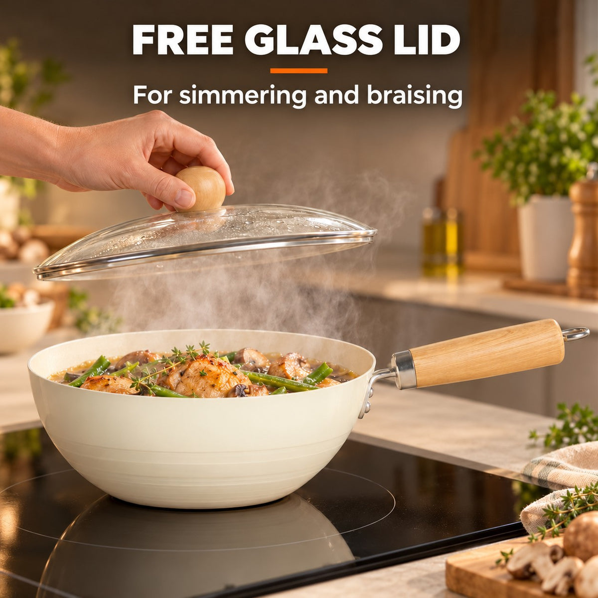 Ceramic-coated wok, FREE GLASS LID: For simmering and braising