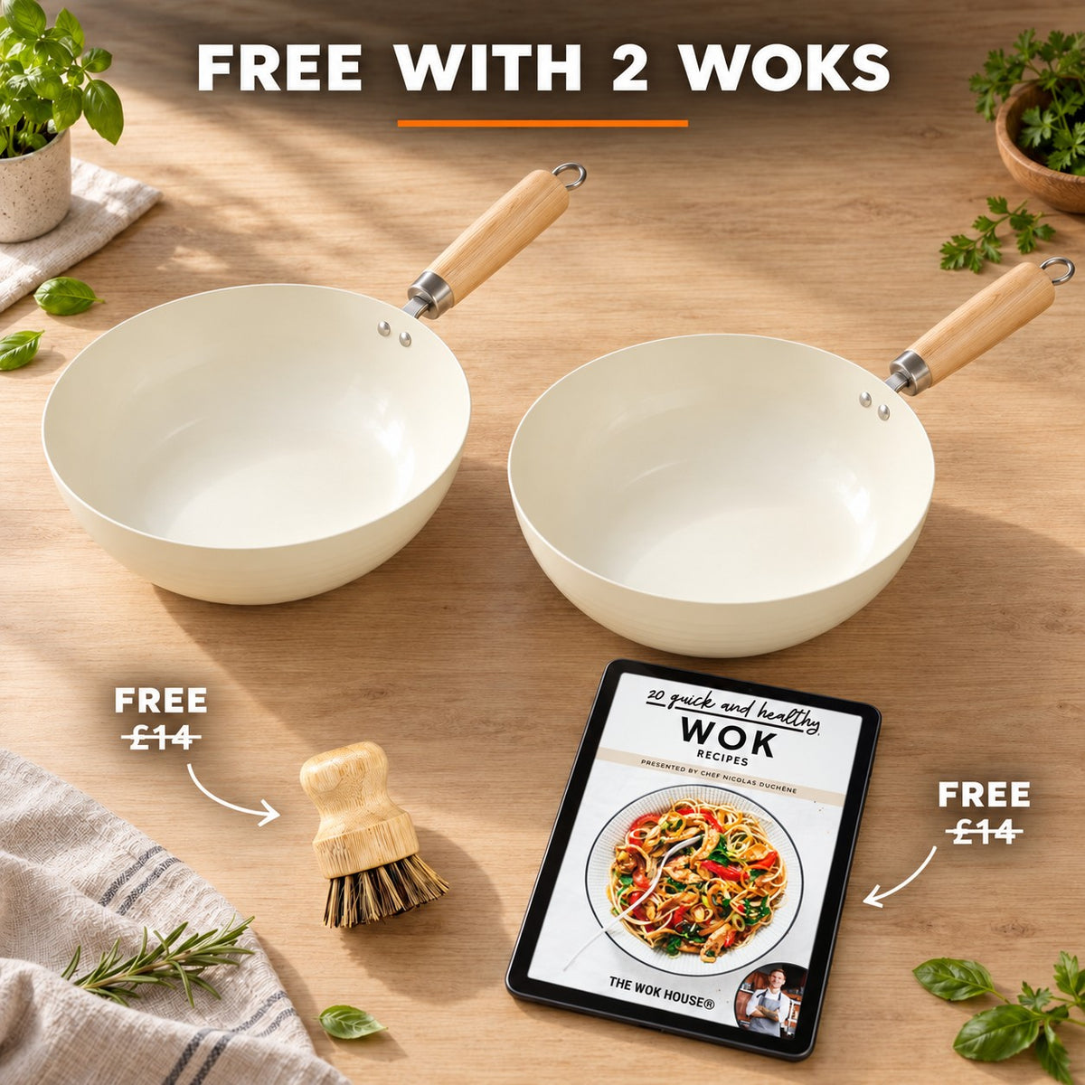 Ceramic-coated wok, FREE WITH 2 WOKS: bamboo brush (£14), recipe book (£14)
