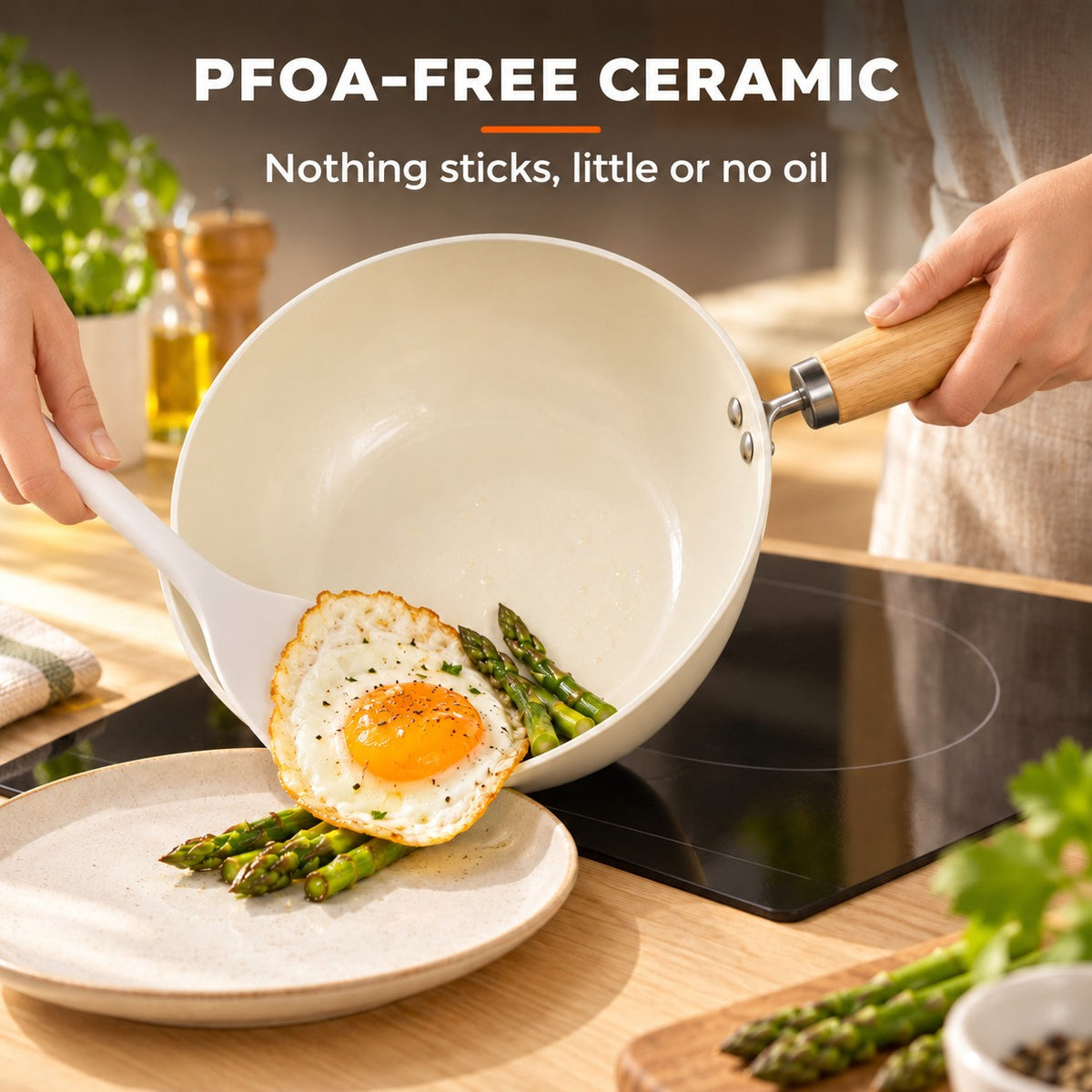 Ceramic-coated wok, PFOA-FREE CERAMIC: Nothing sticks, little or no oil