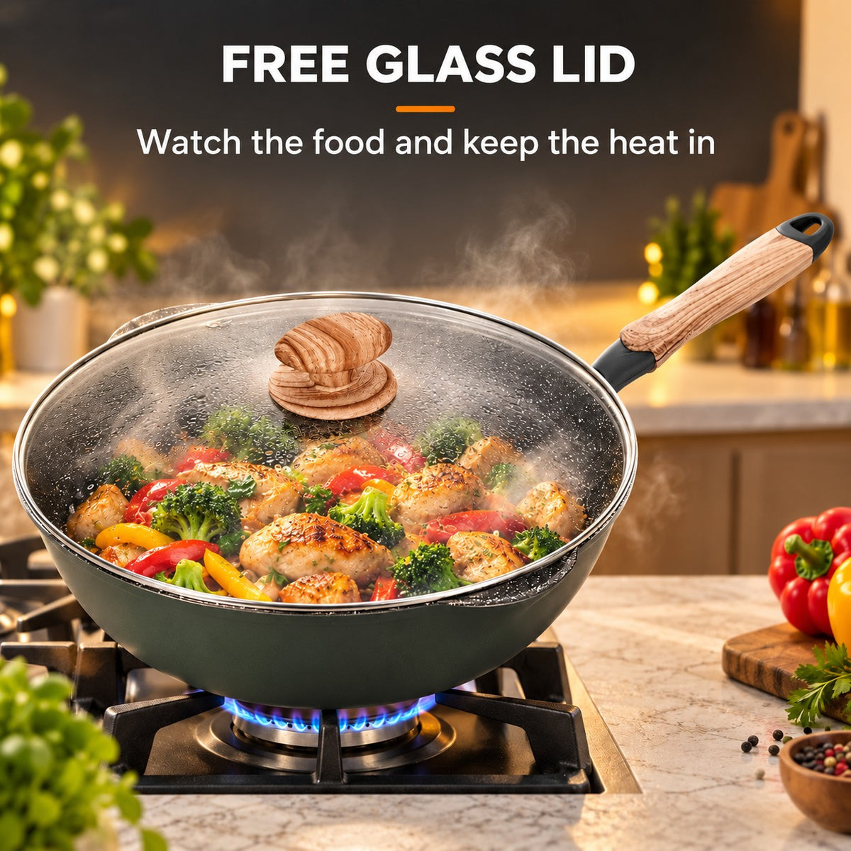 The Tsurugi Ceramic Wok, FREE GLASS LID: Watch the food and keep the heat in
