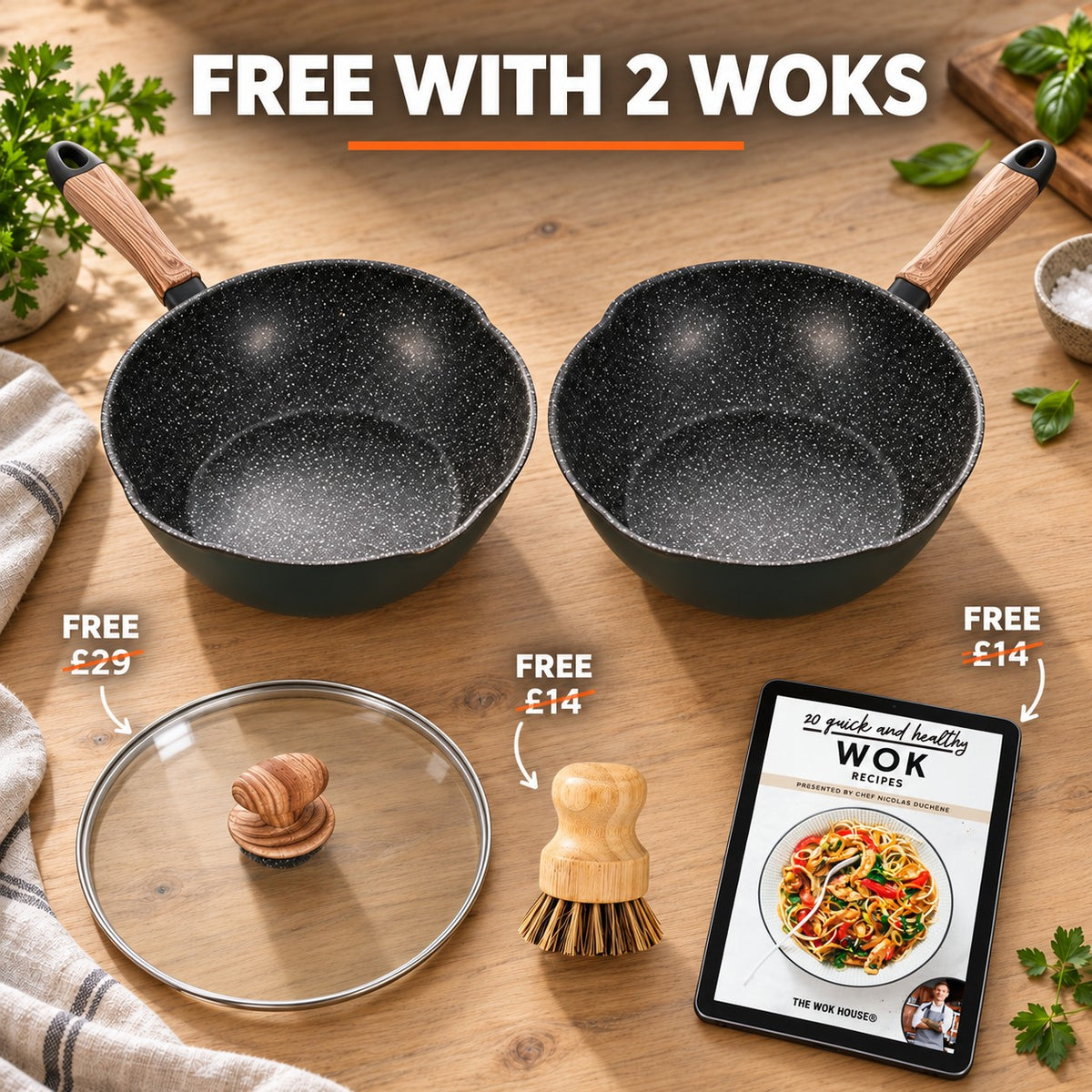 The Tsurugi Ceramic Wok, FREE WITH 2 WOKS: glass lid (£29), bamboo brush (£14), recipe book (£14)