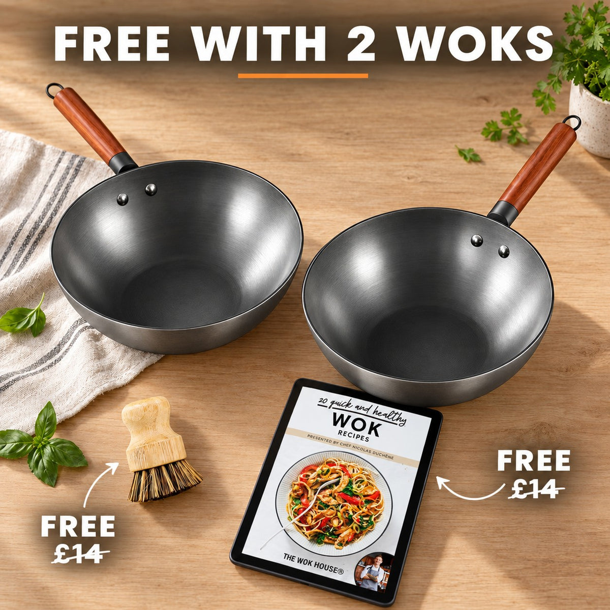 Chef's wok, FREE WITH 2 WOKS: bamboo brush (£14), recipe book (£14)