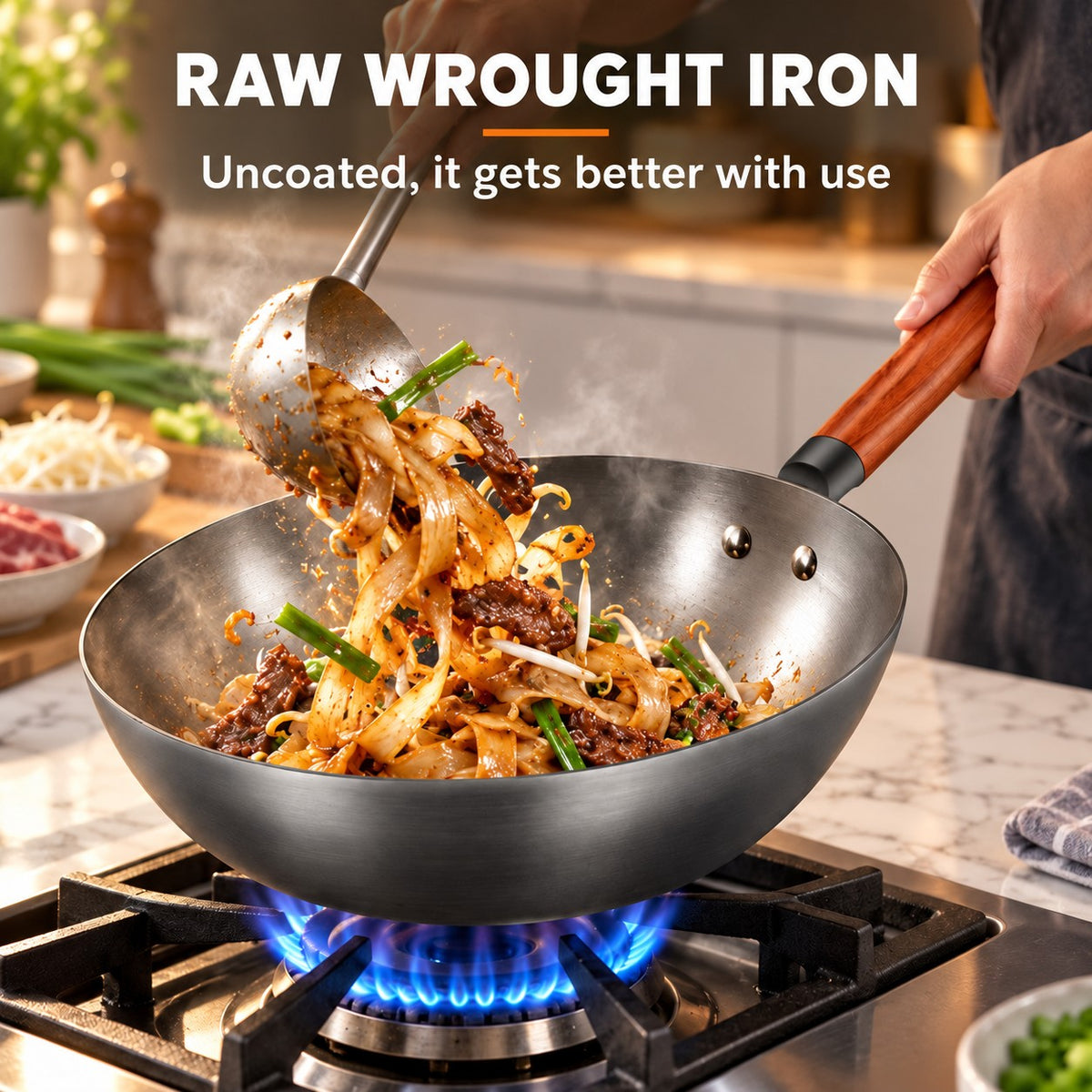 Chef's wok, RAW WROUGHT IRON: Uncoated, it gets better with use