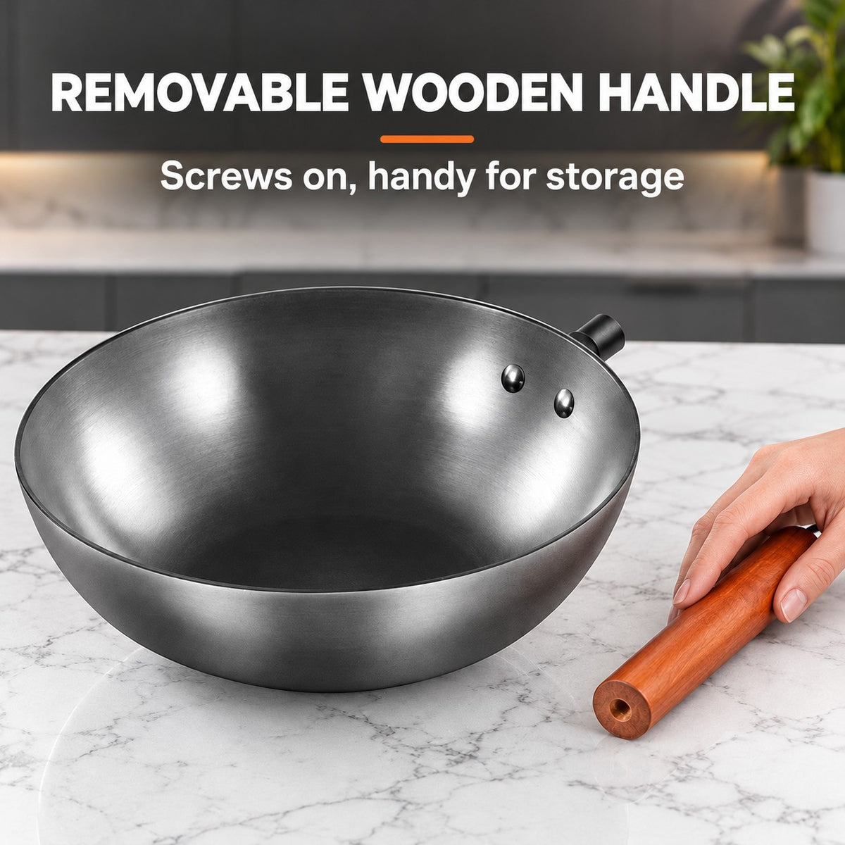 Chef's wok, REMOVABLE WOODEN HANDLE: Screws on, handy for storage