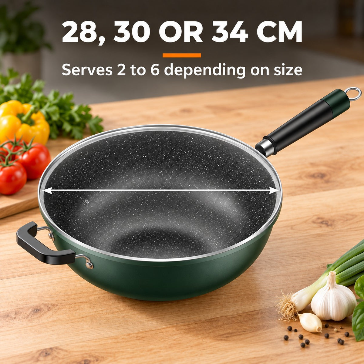 Dark green wok, 28, 30 OR 34 CM: Serves 2 to 6 depending on size