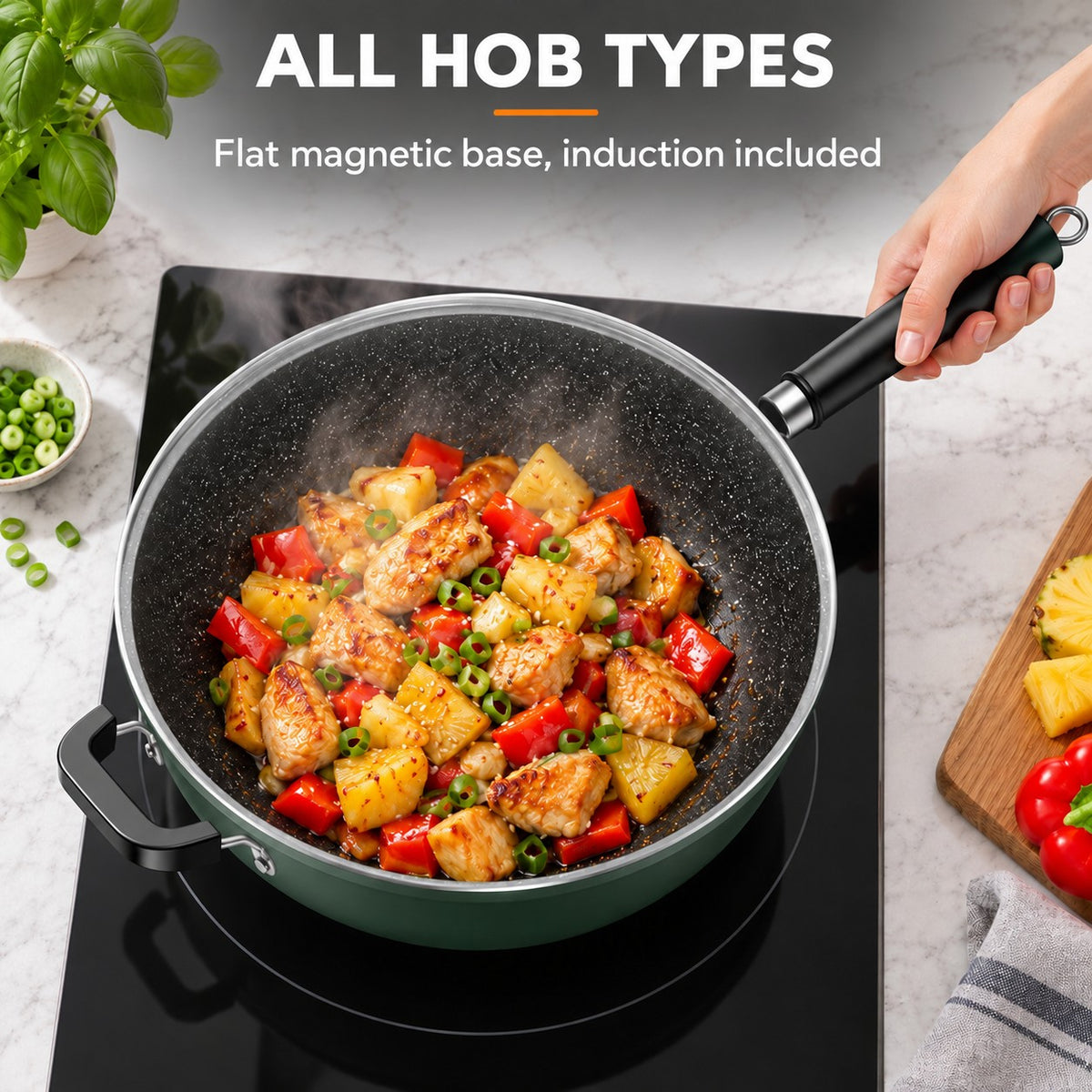 Dark green wok, ALL HOB TYPES: Flat magnetic base, induction included