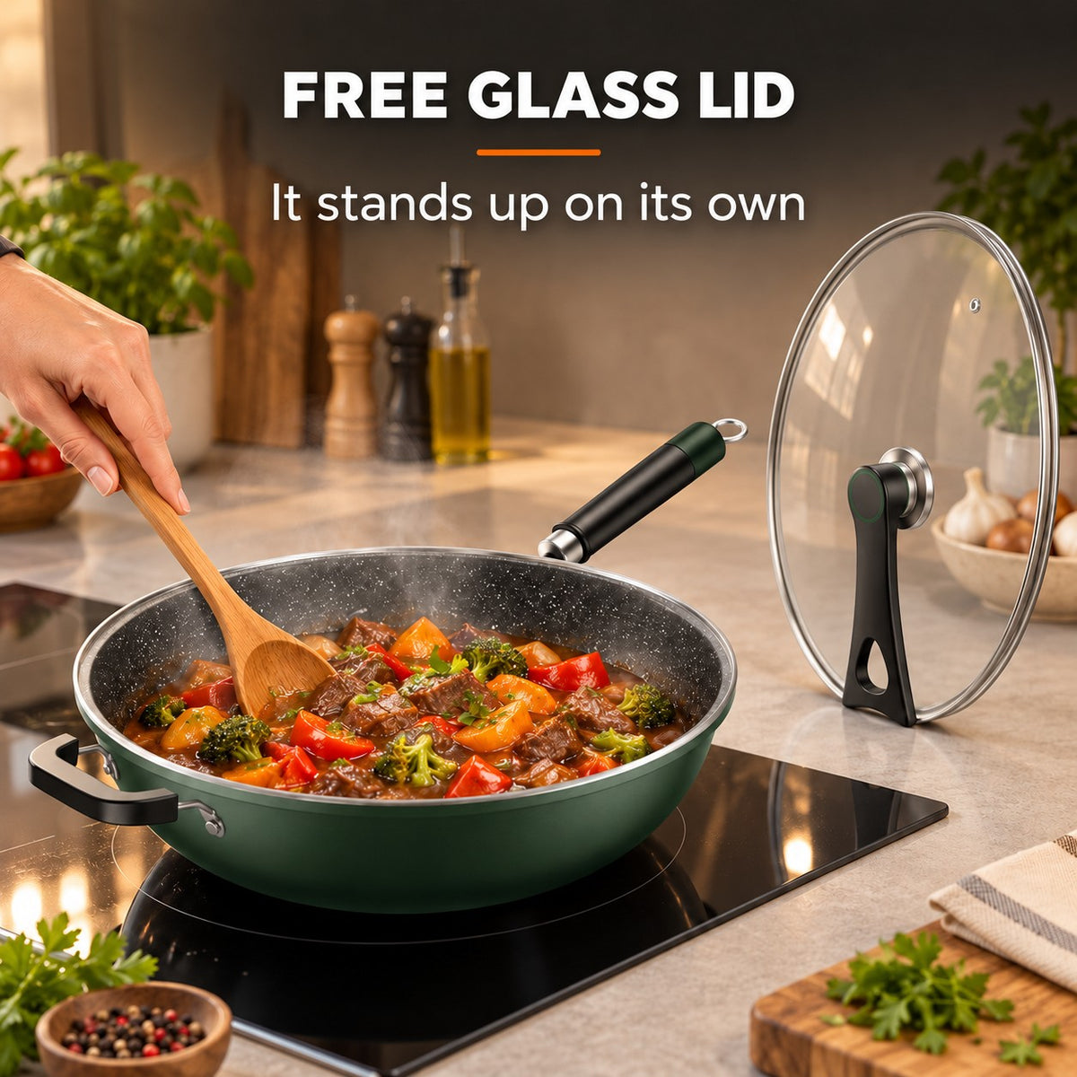 Dark green wok, FREE GLASS LID: It stands up on its own