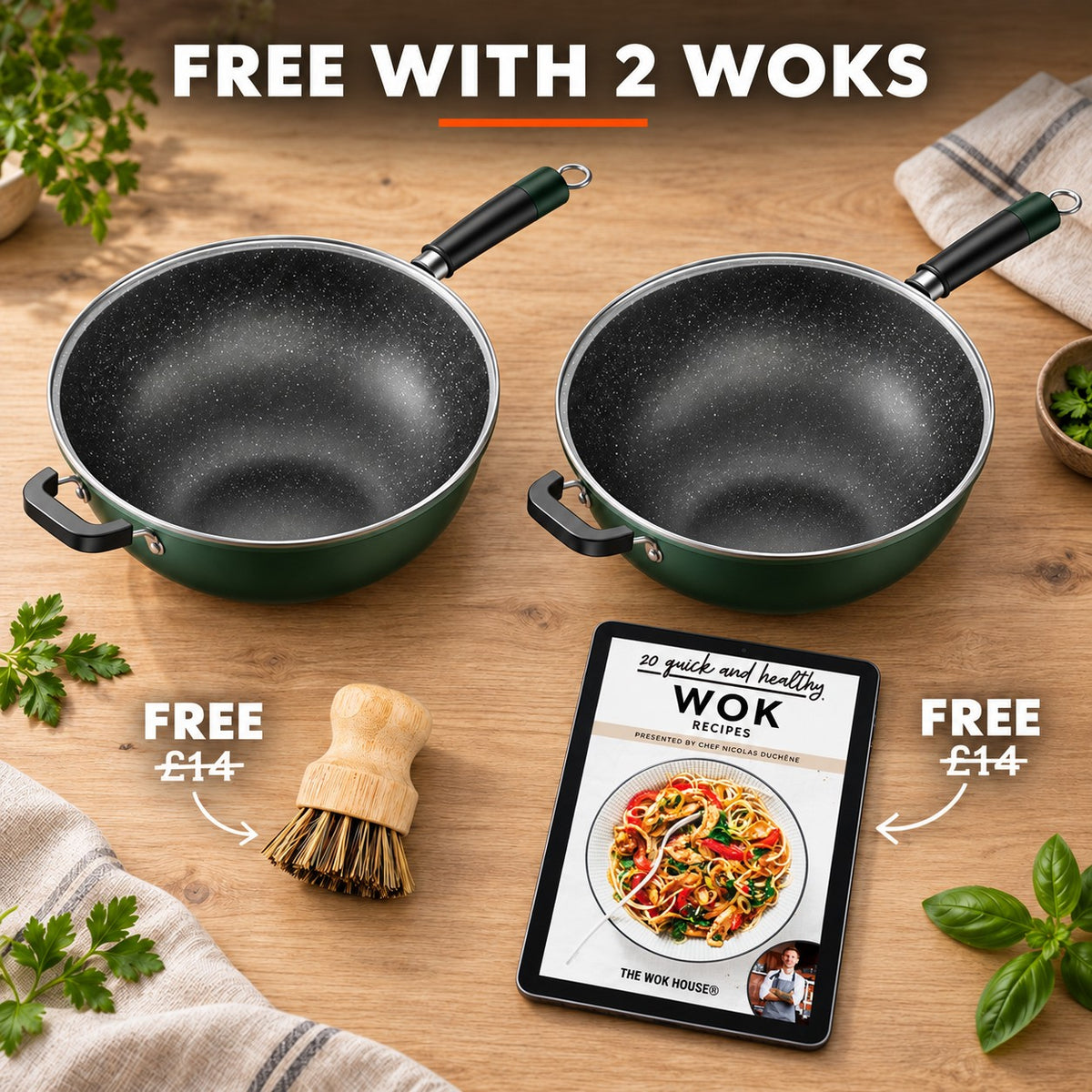 Dark green wok, FREE WITH 2 WOKS: bamboo brush (£14), recipe book (£14)