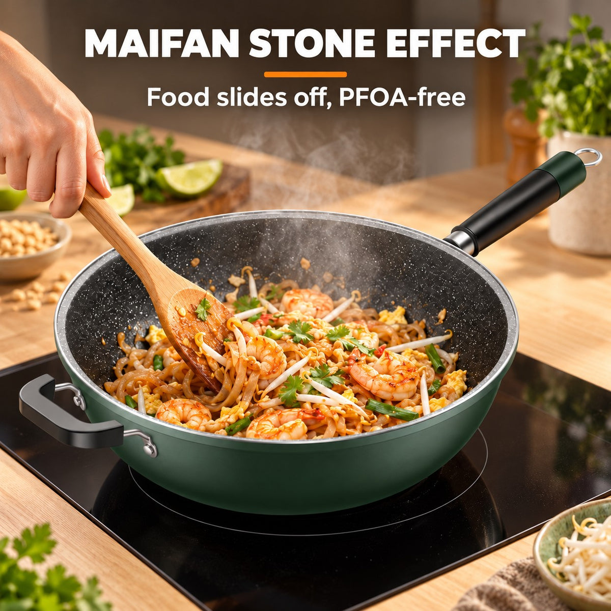 Dark green wok, MAIFAN STONE EFFECT: Food slides off, PFOA-free