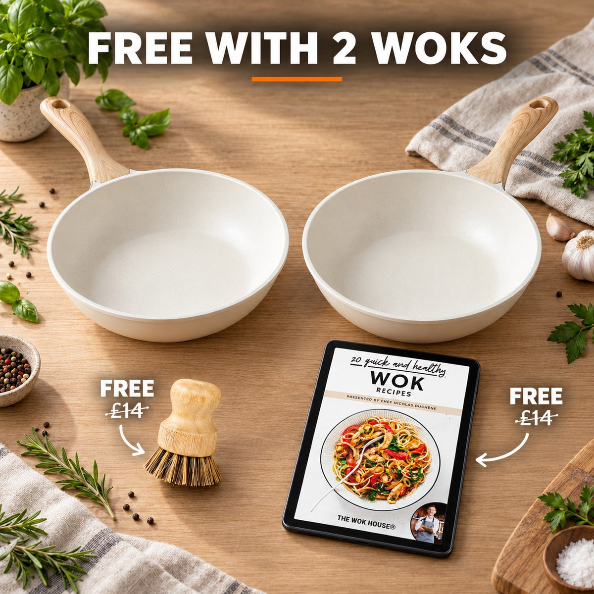 Durable ceramic wok, FREE WITH 2 WOKS: bamboo brush (£14), recipe book (£14)