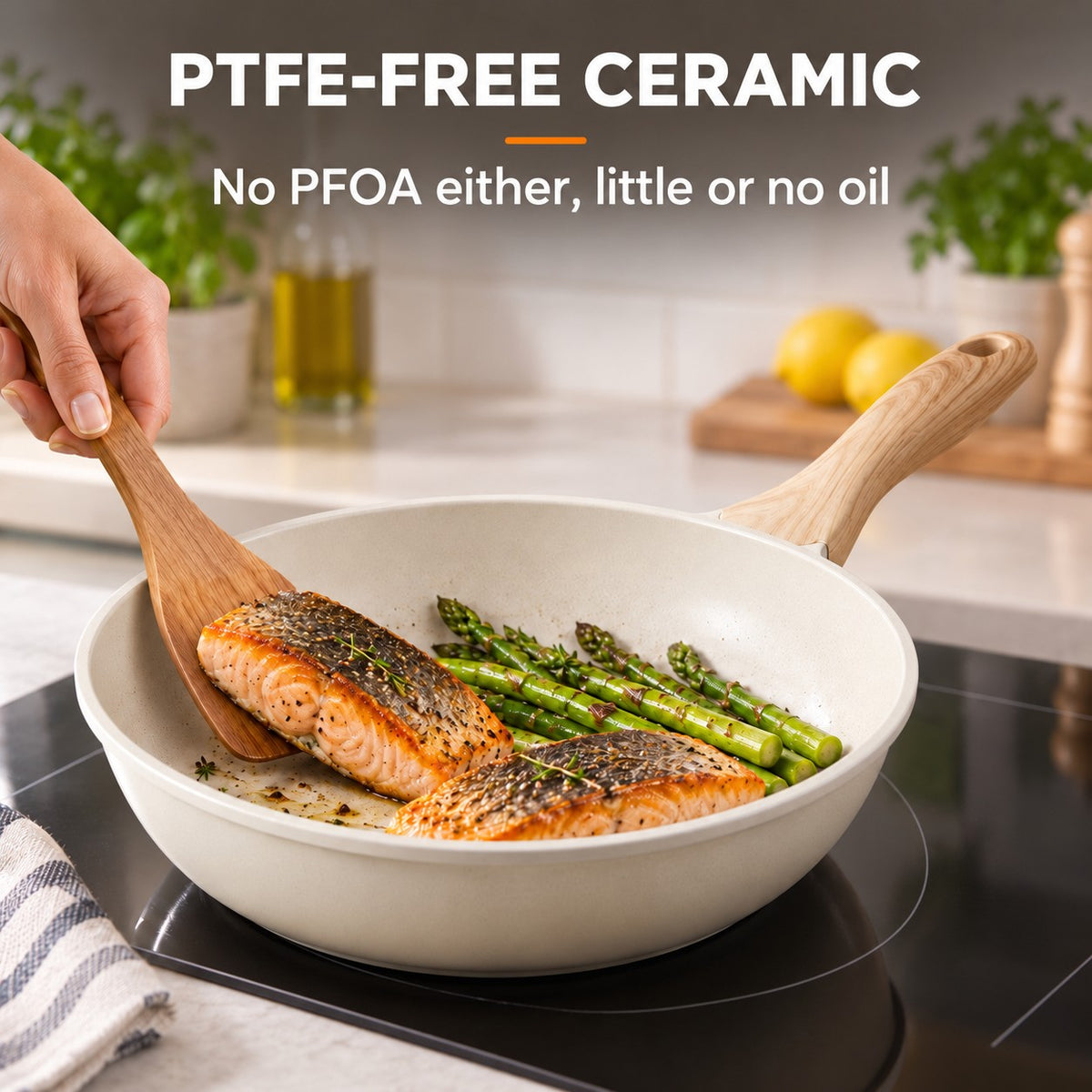 Durable ceramic wok, PTFE-FREE CERAMIC: No PFOA either, little or no oil