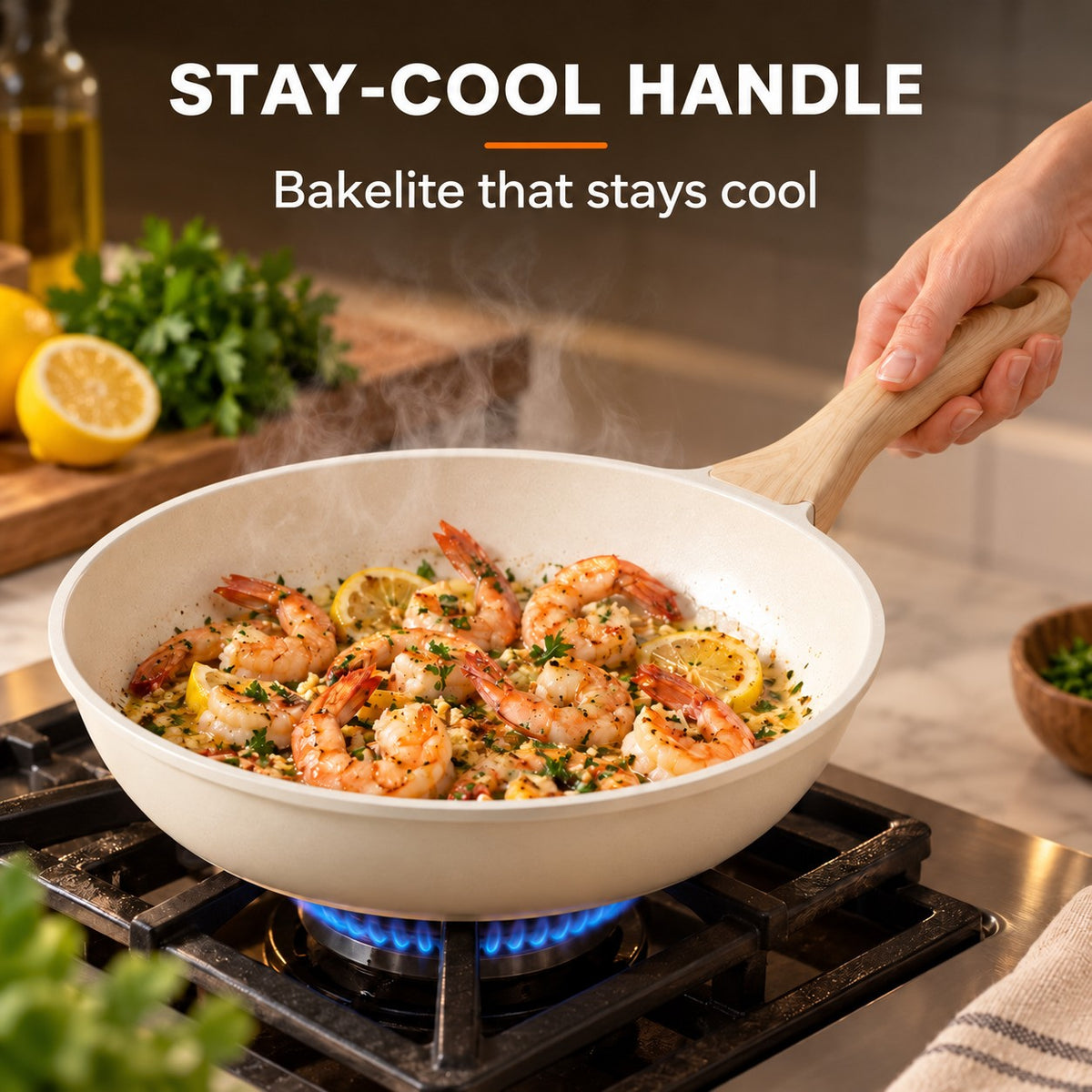 Durable ceramic wok, STAY-COOL HANDLE: Bakelite that stays cool