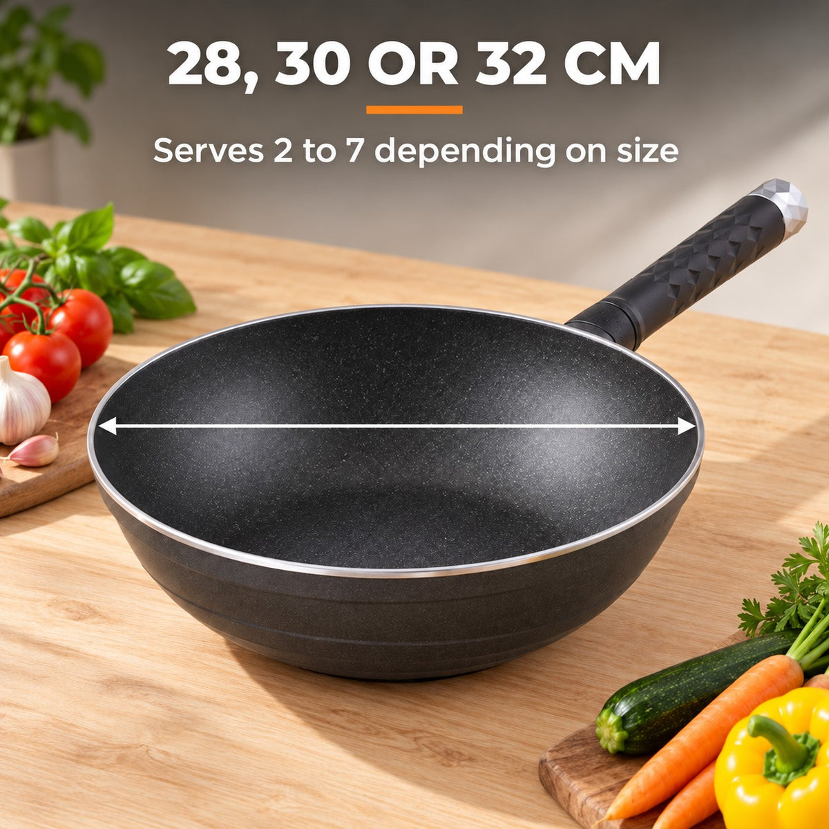 Durable non-stick wok, 28, 30 OR 32 CM: Serves 2 to 7 depending on size
