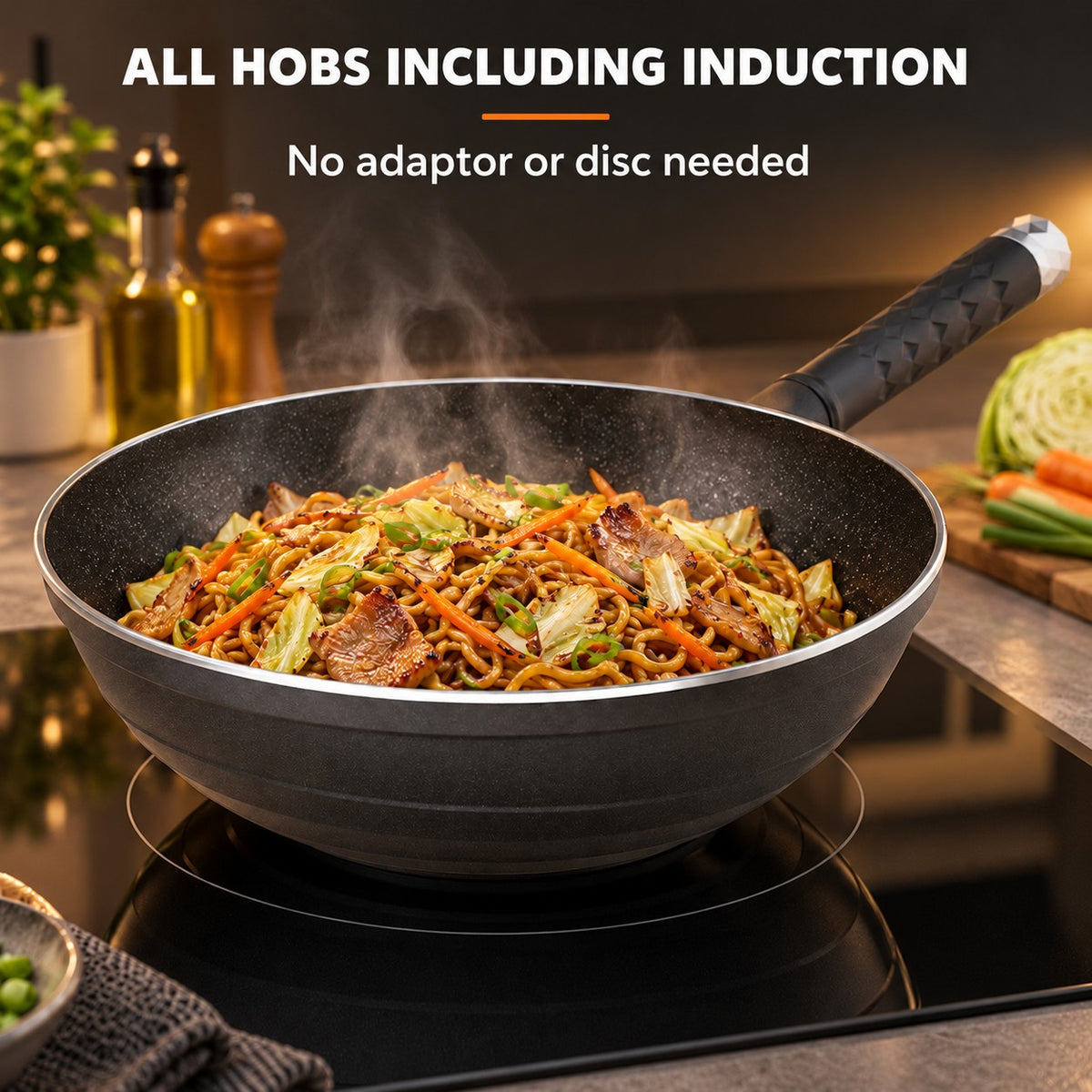 Durable non-stick wok, ALL HOBS INCLUDING INDUCTION: No adaptor or disc needed