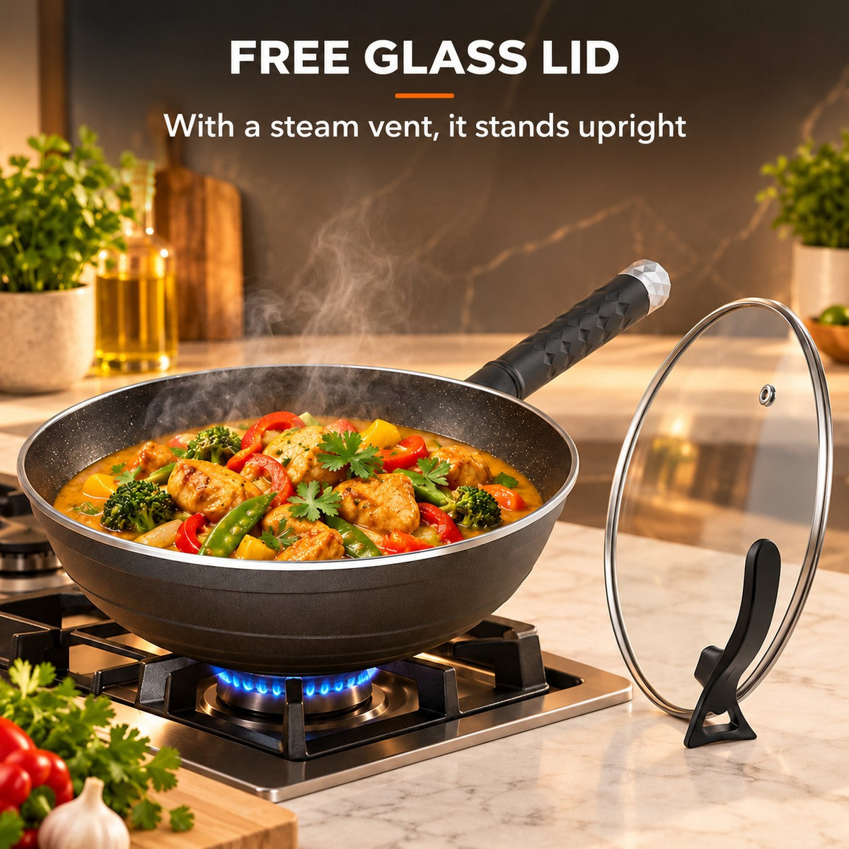 Durable non-stick wok, FREE GLASS LID: With a steam vent, it stands upright