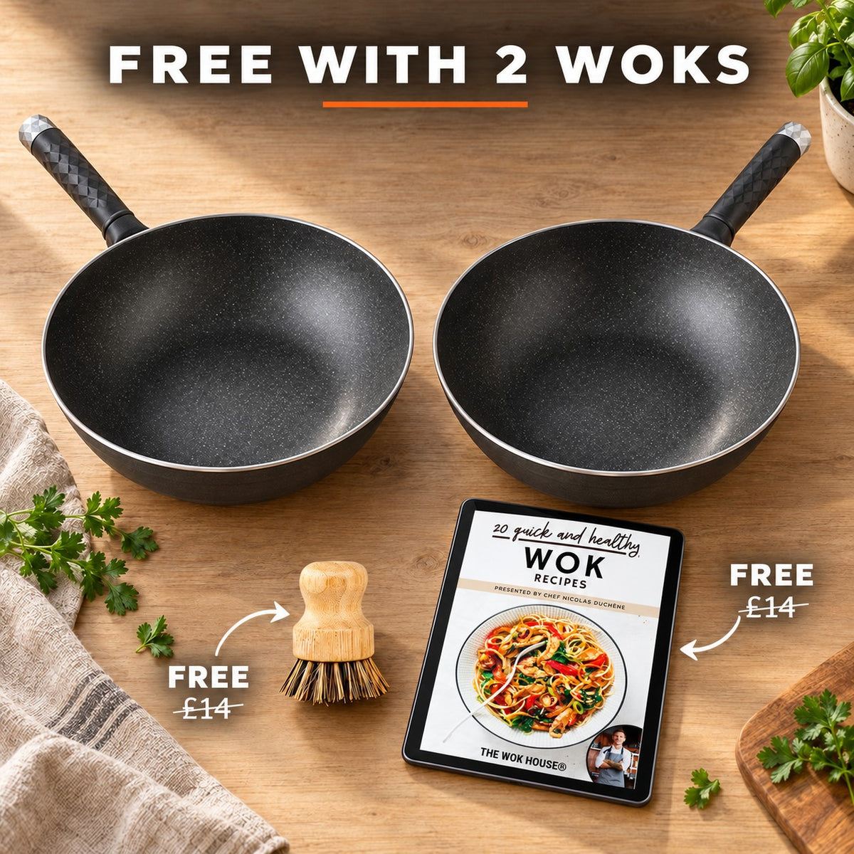 Durable non-stick wok, FREE WITH 2 WOKS: bamboo brush (£14), recipe book (£14)