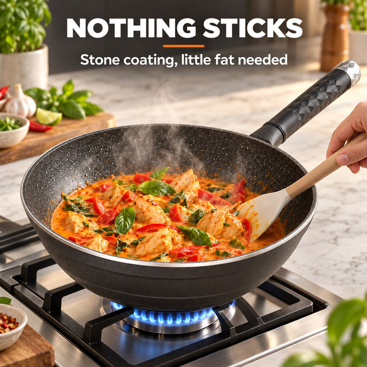 Durable non-stick wok, NOTHING STICKS: Stone coating, little fat needed