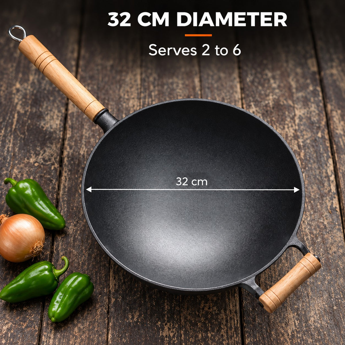 The Hokan Cast Iron Wok, 32 CM DIAMETER: Serves 2 to 6