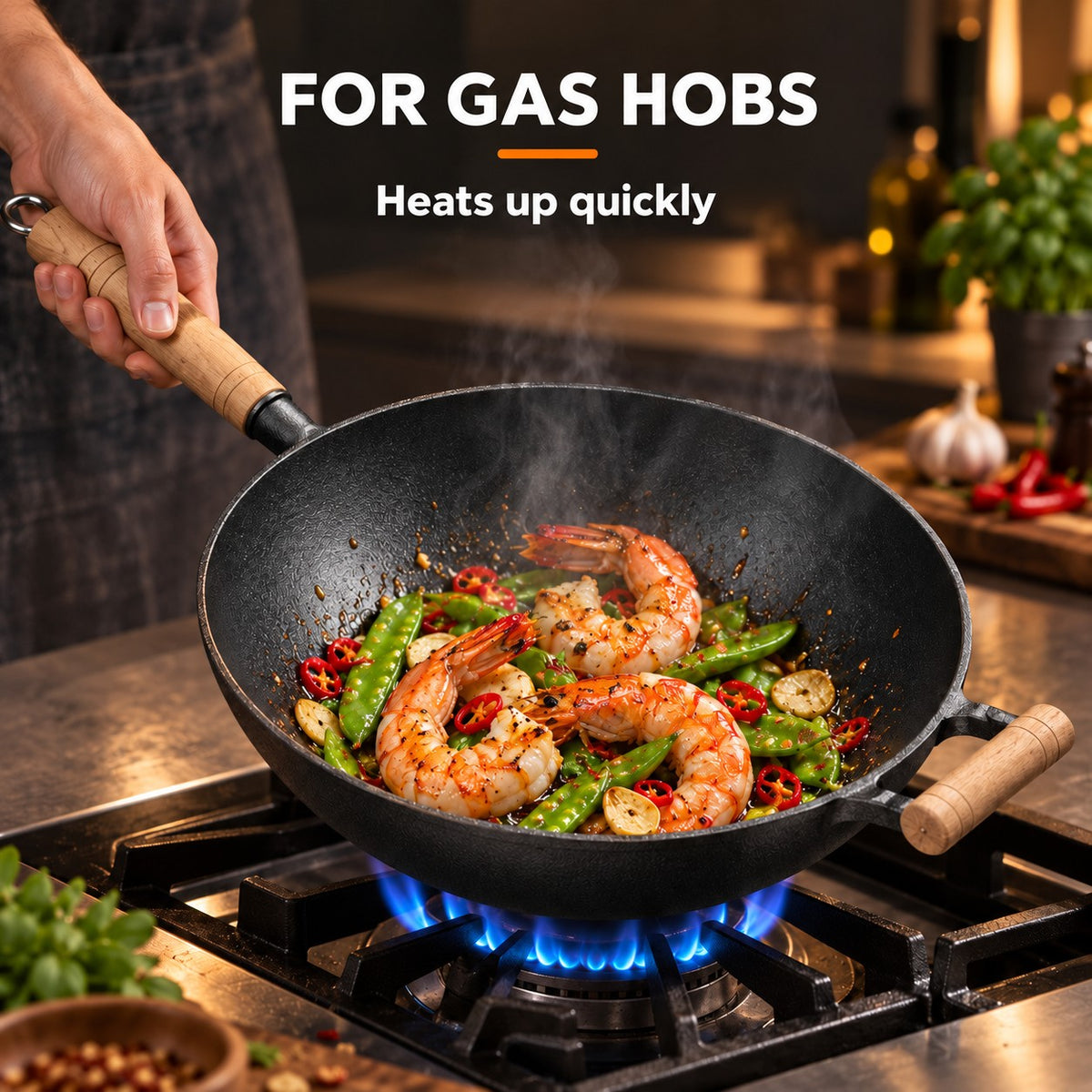 The Hokan Cast Iron Wok, FOR GAS HOBS: Heats up quickly