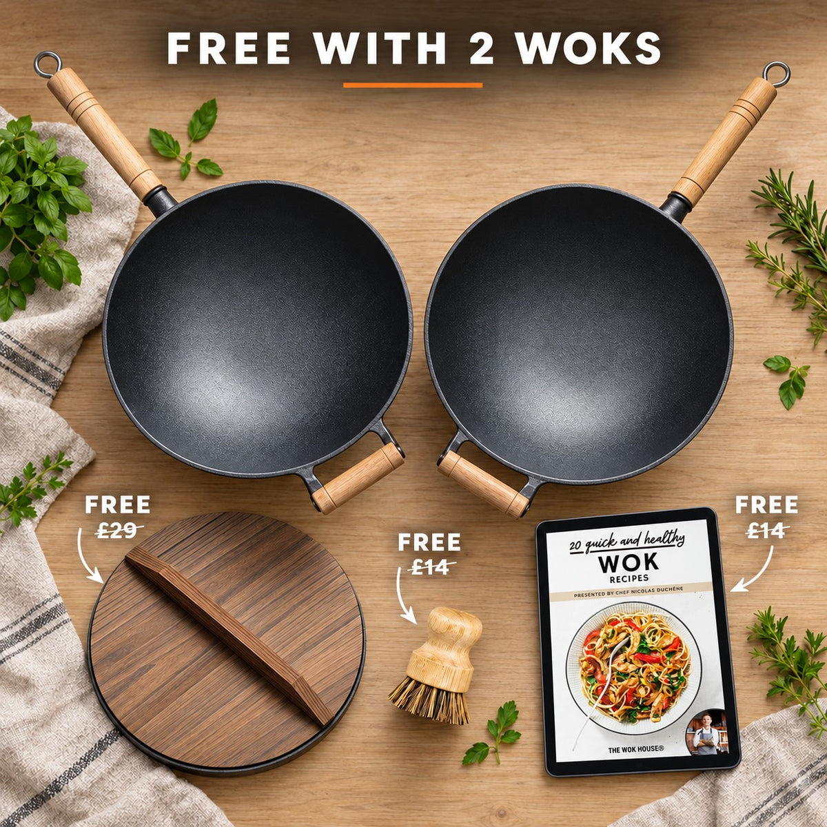 The Hokan Cast Iron Wok, FREE WITH 2 WOKS: wooden lid (£29), bamboo brush (£14), recipe book (£14)
