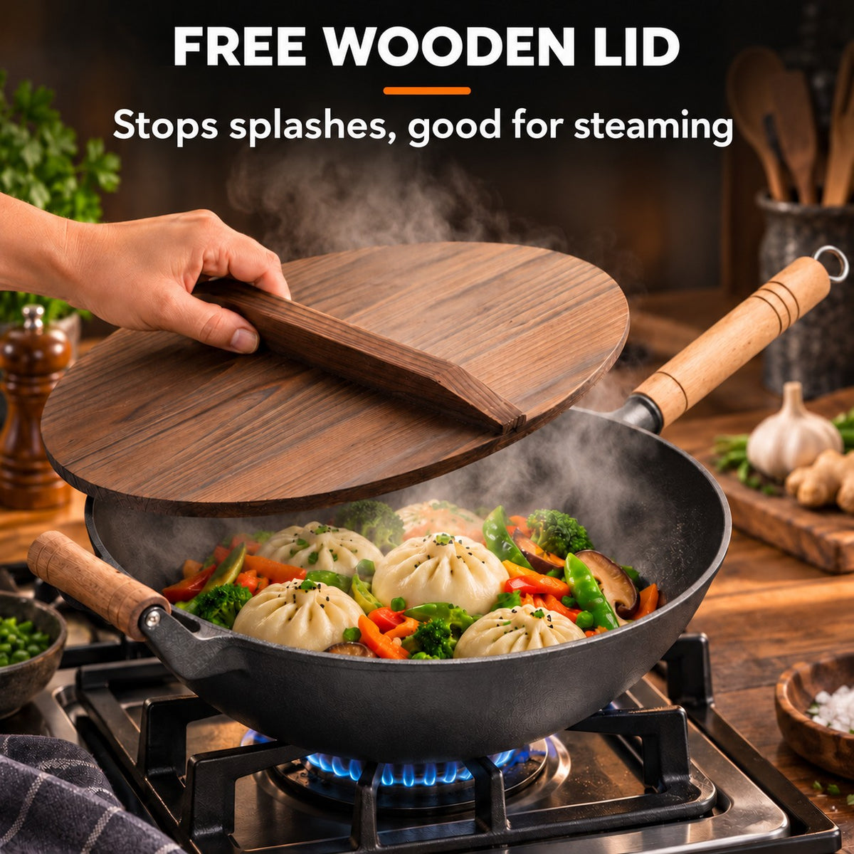The Hokan Cast Iron Wok, FREE WOODEN LID: Stops splashes, good for steaming