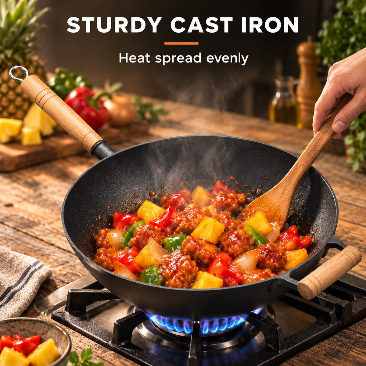The Hokan Cast Iron Wok, STURDY CAST IRON: Heat spread evenly
