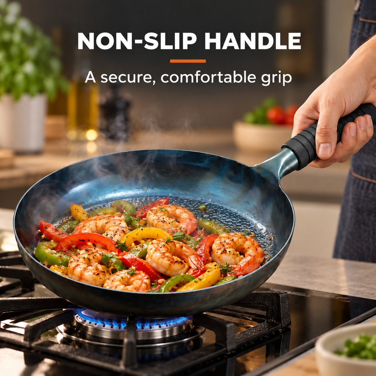 The Soraki Induction Wok, NON-SLIP HANDLE: A secure, comfortable grip