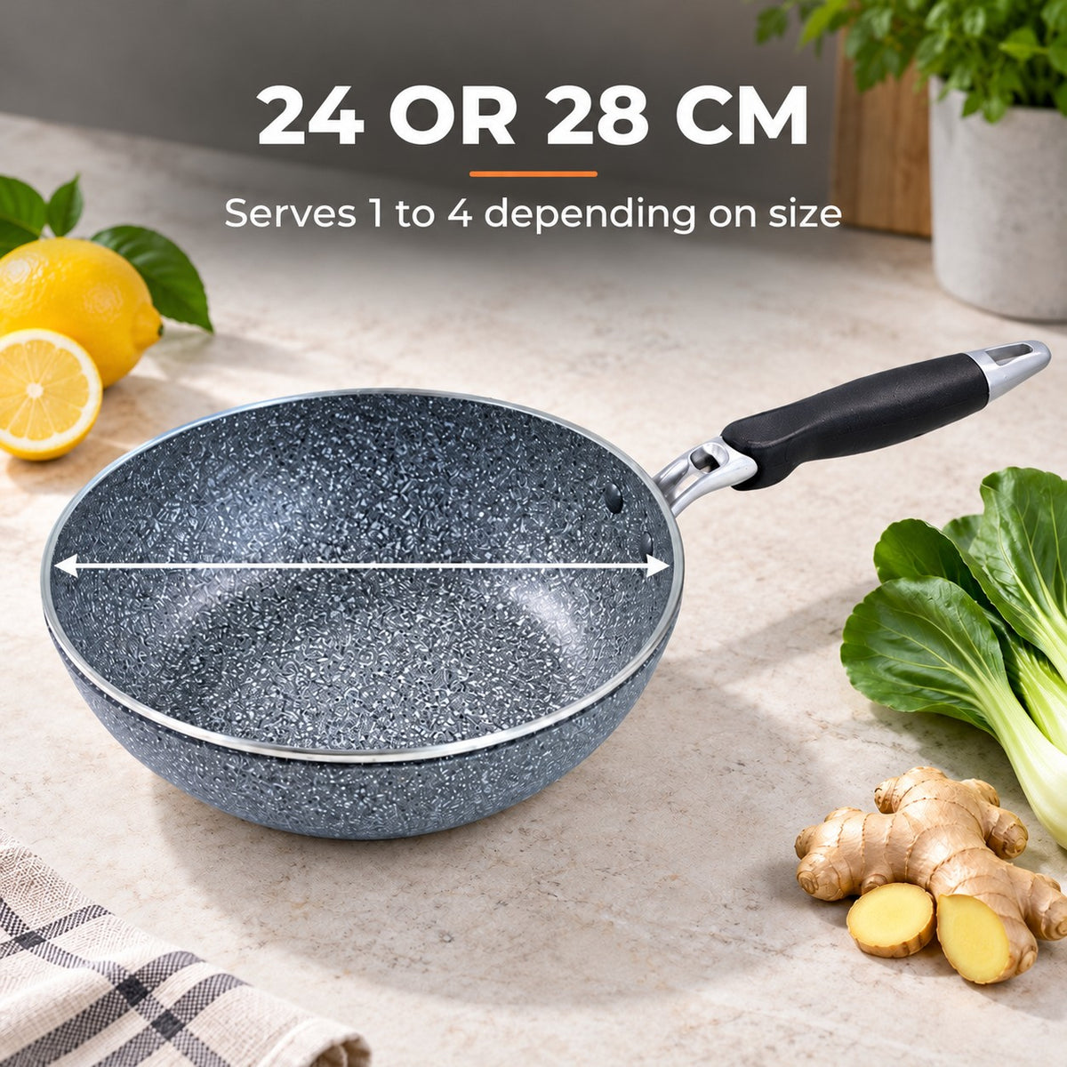 The Hayachine Non-Stick Wok, 24 OR 28 CM: Serves 1 to 4 depending on size