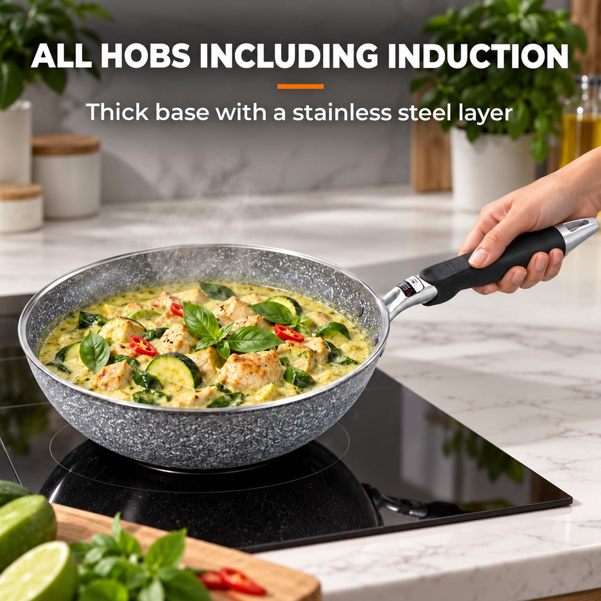 The Hayachine Non-Stick Wok, ALL HOBS INCLUDING INDUCTION: Thick base with a stainless steel layer
