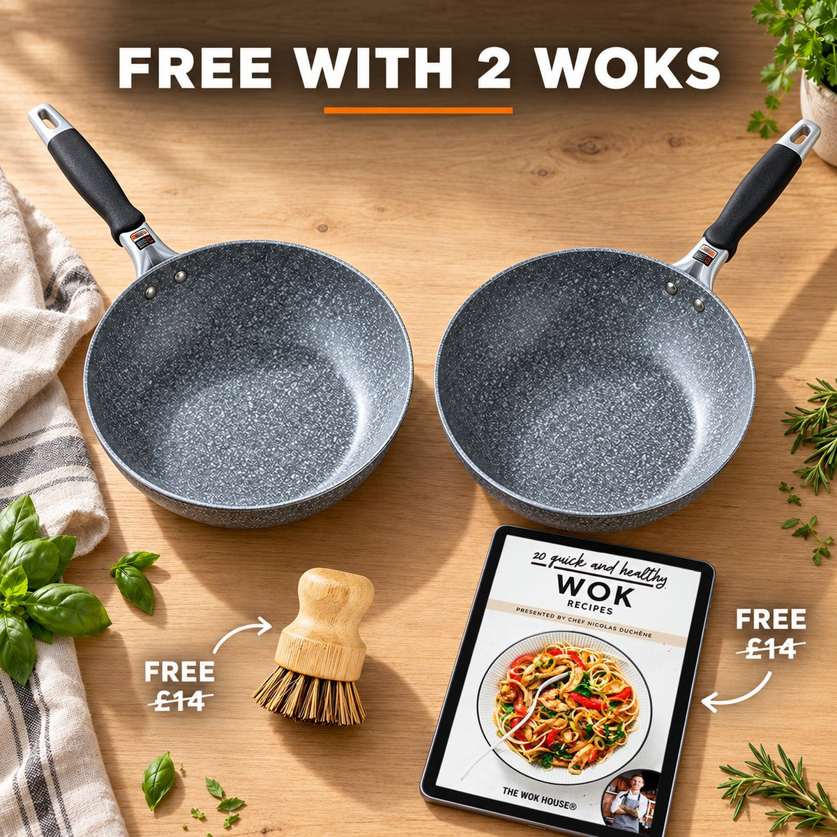 The Hayachine Non-Stick Wok, FREE WITH 2 WOKS: bamboo brush (£14), recipe book (£14)