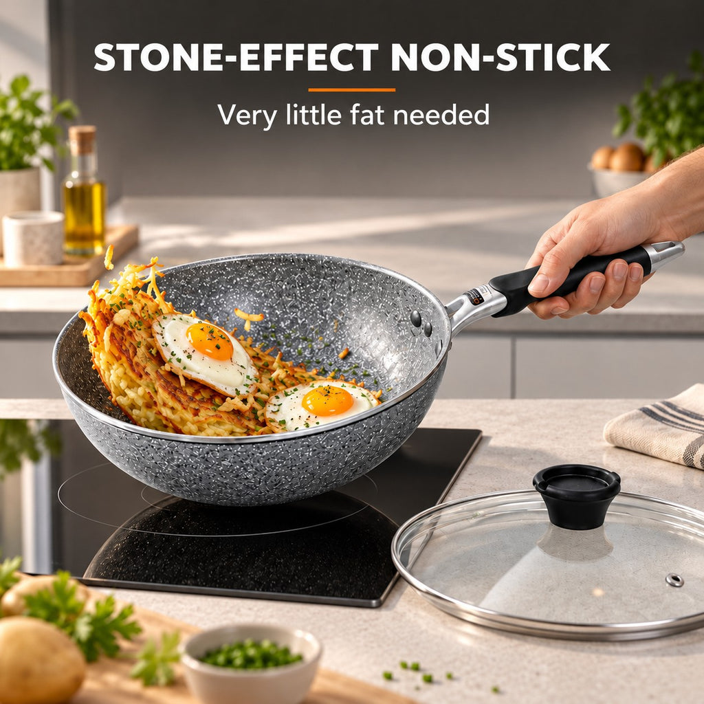 The Hayachine Non-Stick Wok, STONE-EFFECT NON-STICK: Very little fat needed
