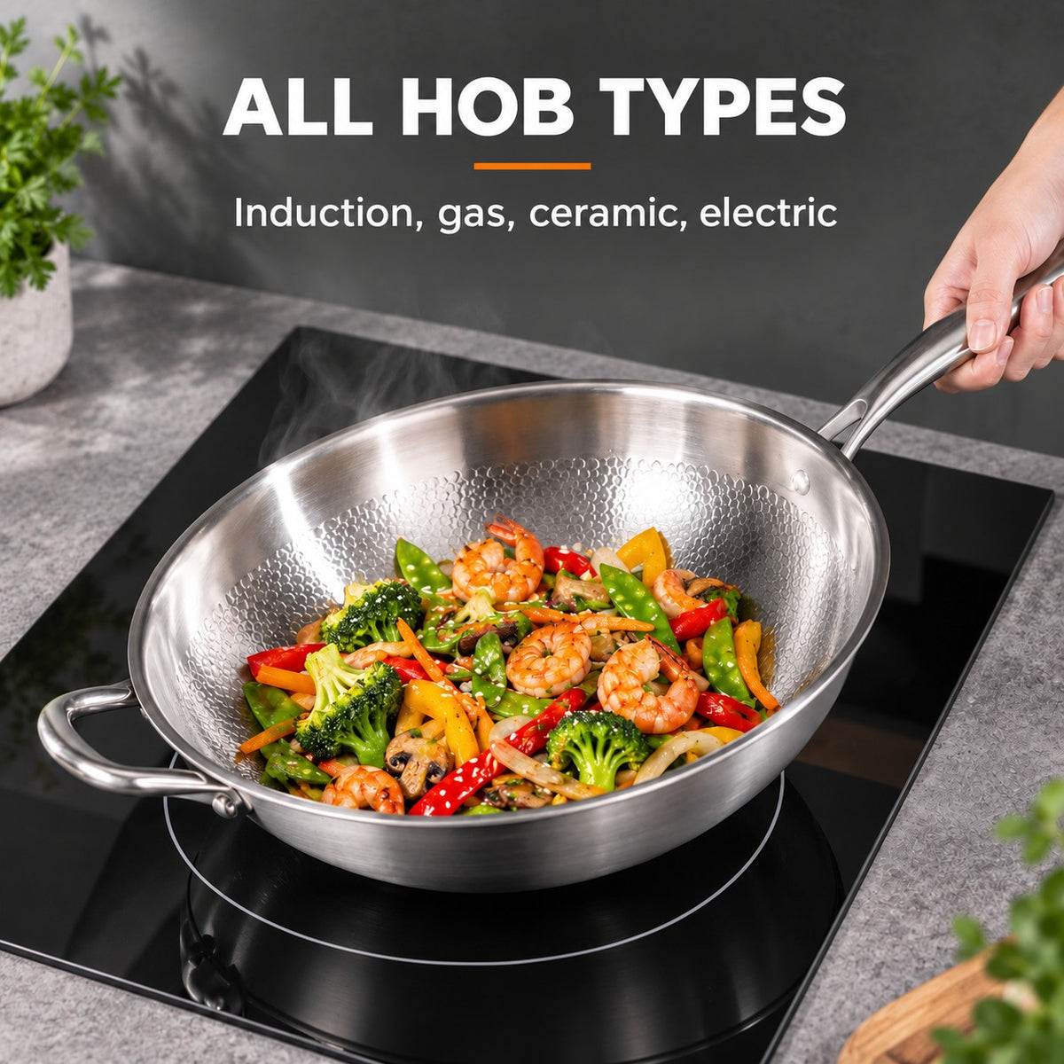 Hammered stainless steel wok, ALL HOB TYPES: Induction, gas, ceramic, electric