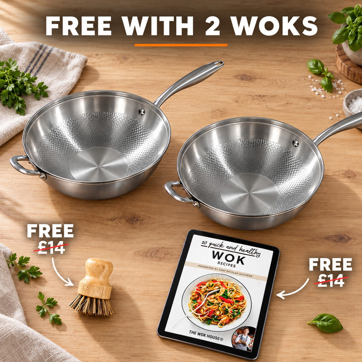 Hammered stainless steel wok, FREE WITH 2 WOKS: bamboo brush (£14), recipe book (£14)