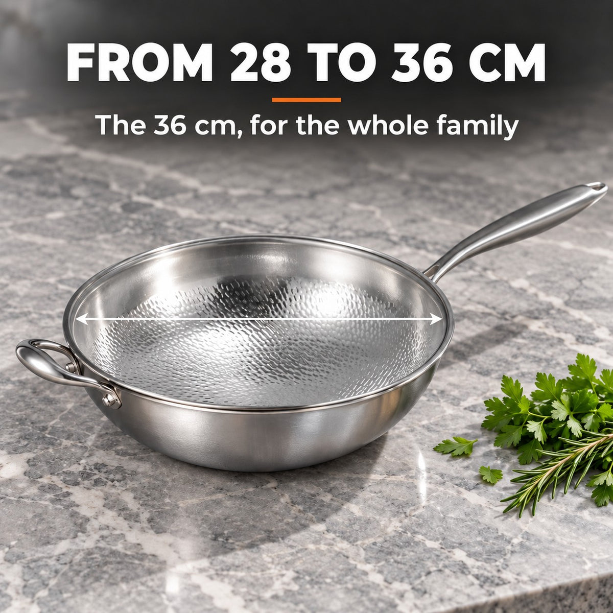 Hammered stainless steel wok, FROM 28 TO 36 CM: The 36 cm, for the whole family